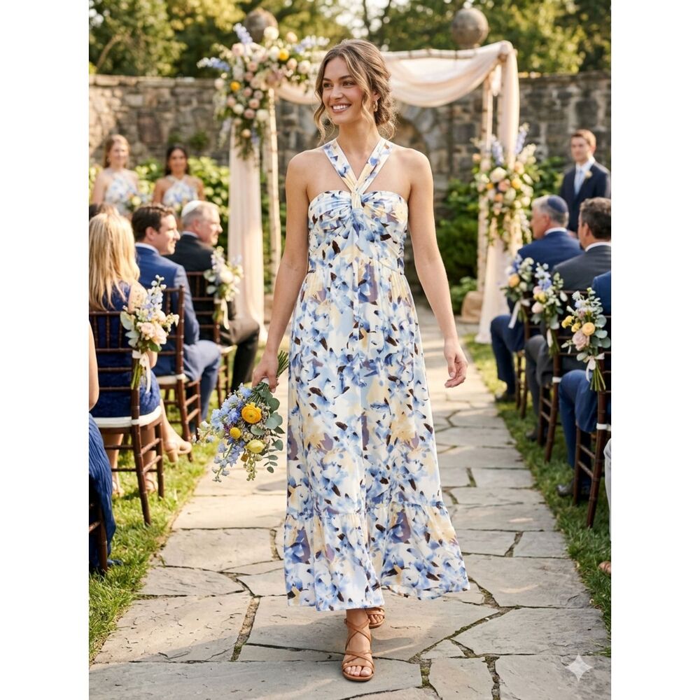 Grace Karin XL Maxi Cross Halter White Blue Floral Dress Stretch Wedding Beach